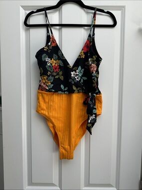 Everyday Sunday Floral Wrap-Top One-Piece Swimsuit in Black and Mustard